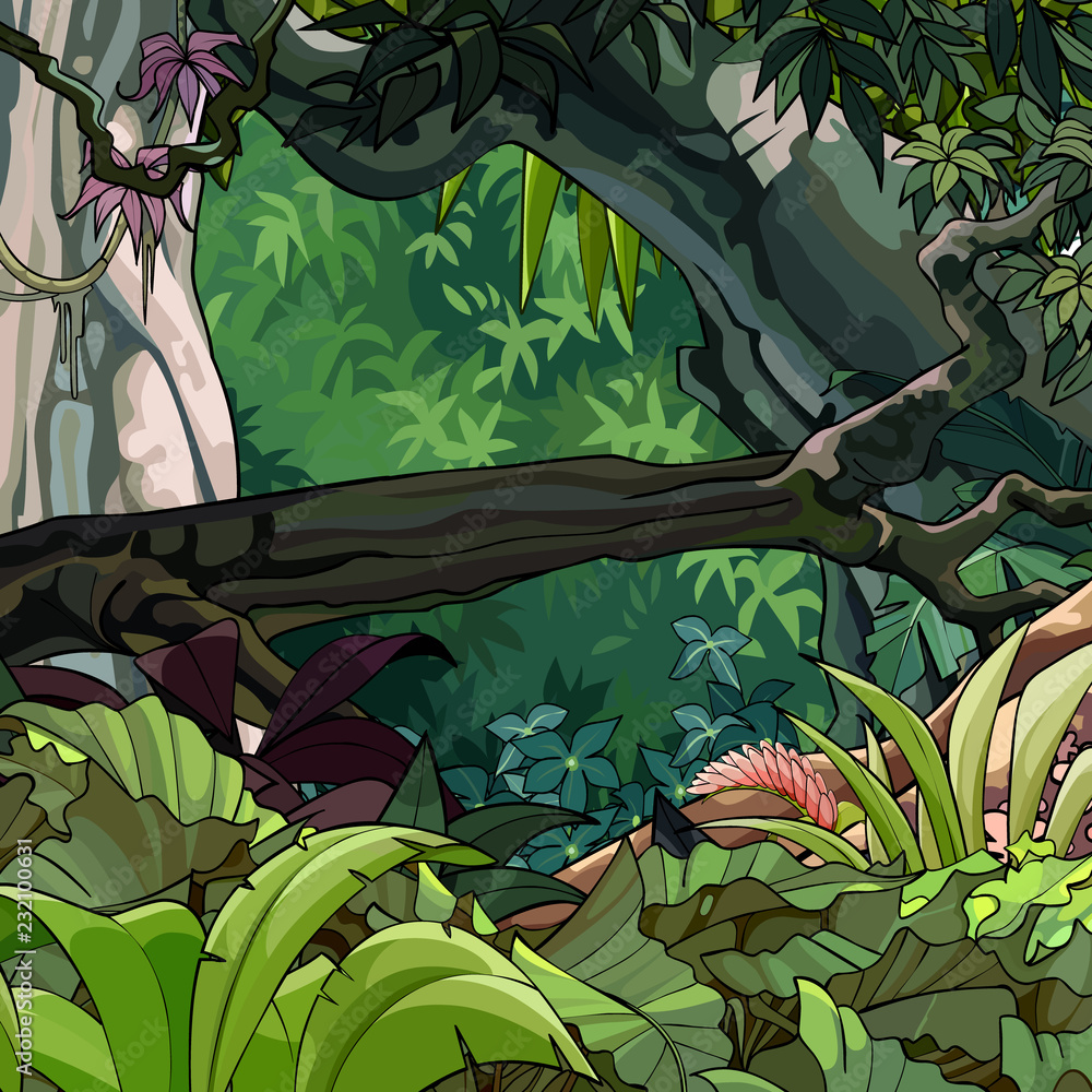 Naklejka premium kreskówka las tropikalny z drzewami i roślinami