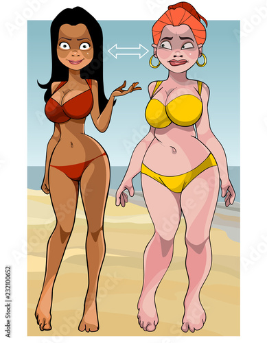 two cartoons women slim brunette and full redhead