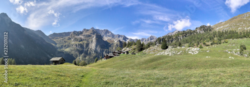The Walser town of Follu, with wood and stone lodges, high mountains, forests and pastures, in summer, in Val d'Otro valley, Alps mountains, Italy