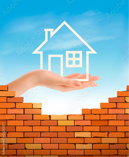 Creative Template Design for Real Estate. Hand holding abstact house. Vector Flyer.