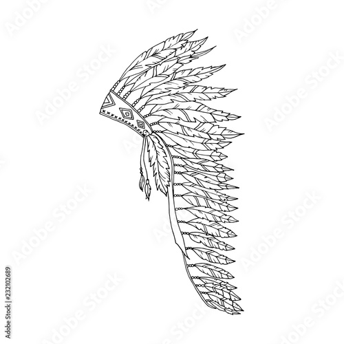 American Warbonnet Outline Drawing. Eagle Feather hat coloring page fashion accessory. Native Indian Headdress. Thanksgiving and Halloween Vector Costume Illustration.