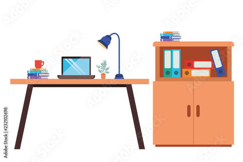 office desk with laptop isolated icon