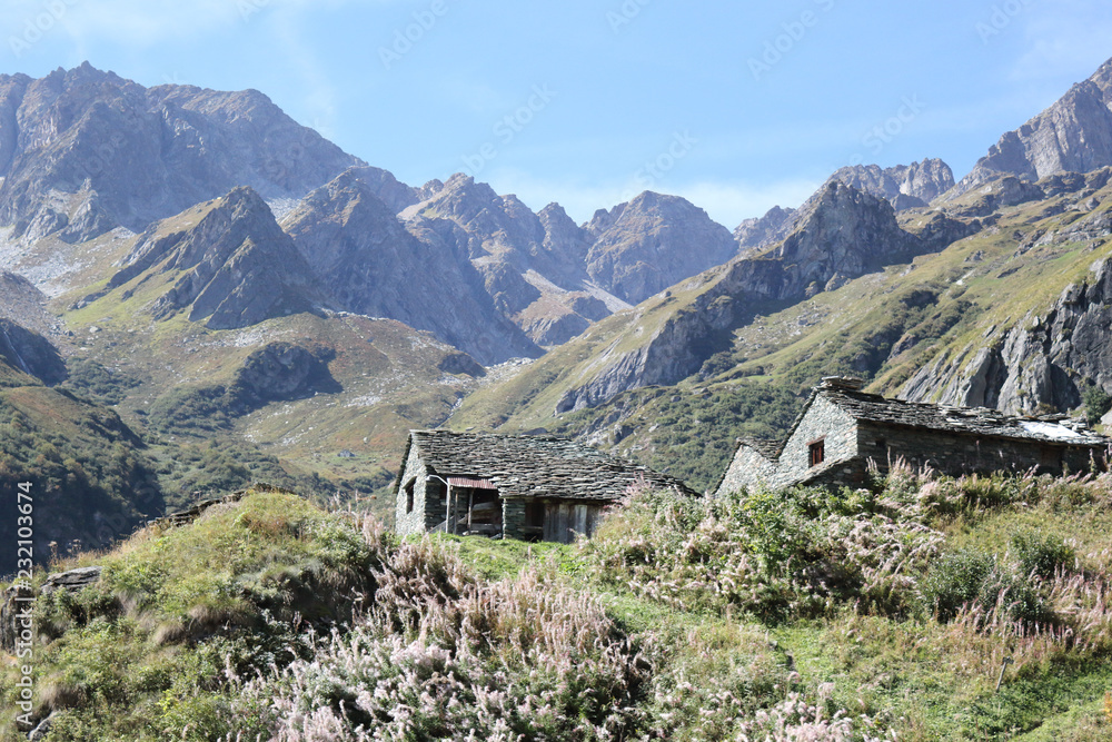 The Walser town of San Giacomo Maggiore, with stone lodges, high mountains, forests and pastures, in summer, Val d'Otro valley, Alps mountains, Italy
