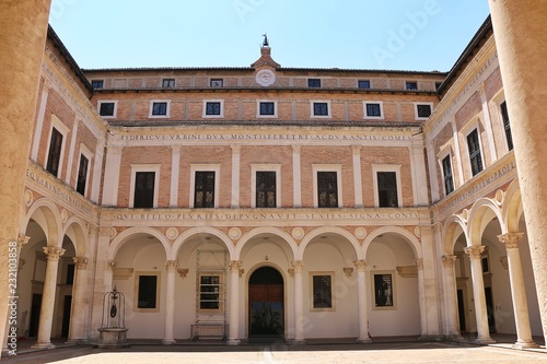 The arcaded courtyard of the Ducal palace of Urbino, Marche, Italy, september 2018.