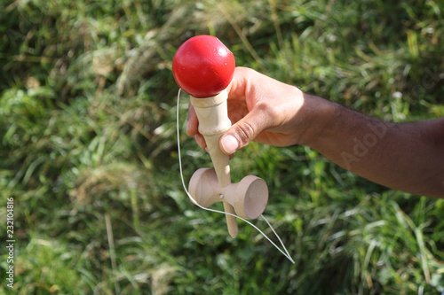 A young boy with a blue colored t-shirt holding a wooden kendama stick and playing with a red ball in a green grass lawn during a sunny summer