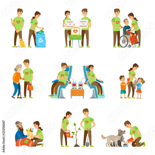 Volunteers and Charity Set Vector Illustration