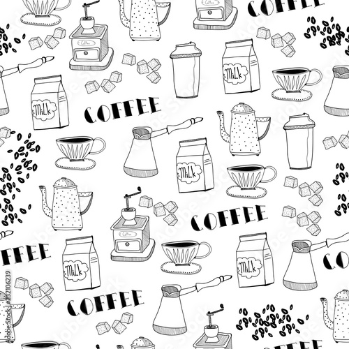 Hand drawn coffee elements. Graphic vector seamless pattern