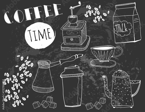Hand drawn coffee elements. Graphic vector set. Chalk style. Black background