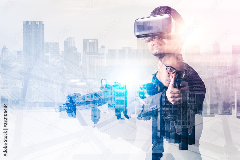 The abstract image of the soldier use a VR glasses for combat ...