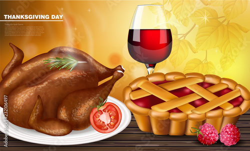 Happy thanksgiving turkey menu Vector realistic. Autumn fall 3d detailed symb...