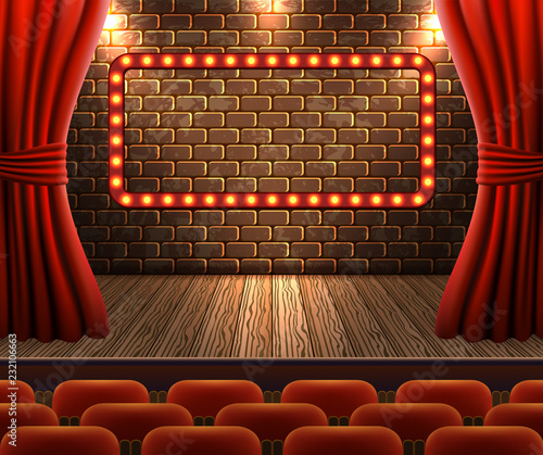Scene with open curtains and neon signboard against decorative brick vintage wall and wooden floor with light from floodlights