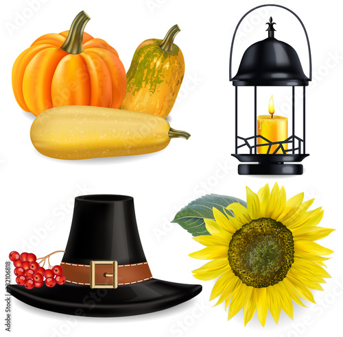Thanksgiving set Vector realistic. Pumpkins and hat 3d detailed illustrations