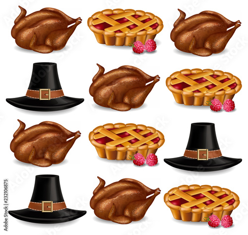 Turkey, pie and a hat Vector realistic pattern. Thanksgiving symbols traditions