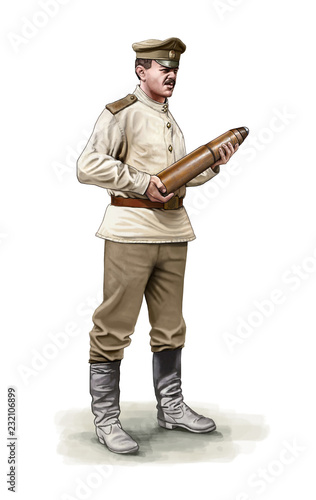 Colour illustration of a WW1 Russian Artilleryman hoding an artillery shell