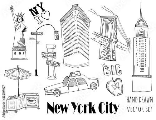 Hand drawn New York city elements. Vector set