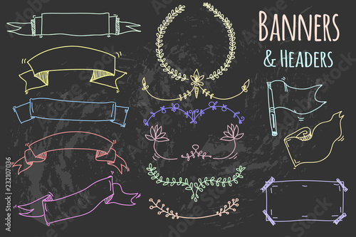 Hand drawn doodle banners and headers. Chalk style vector set