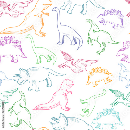 Hand drawn dinosaurs. Colored graphic vector seamless pattern