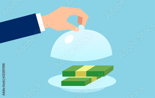 Vector of a business man opening serve cloche with money.