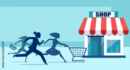 Vector of group of shopper women in a hurry running to sale discount shop