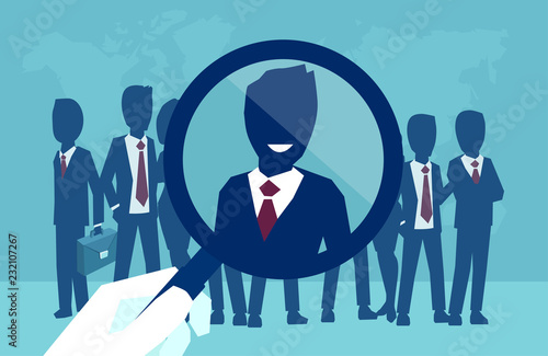 Vector of a corporate recruitment process hand zooming with magnifying glass picking successfull candidate