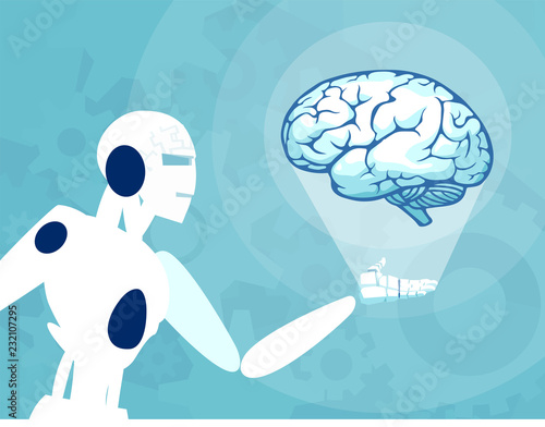 Vector of a robot holding and looking at human brain