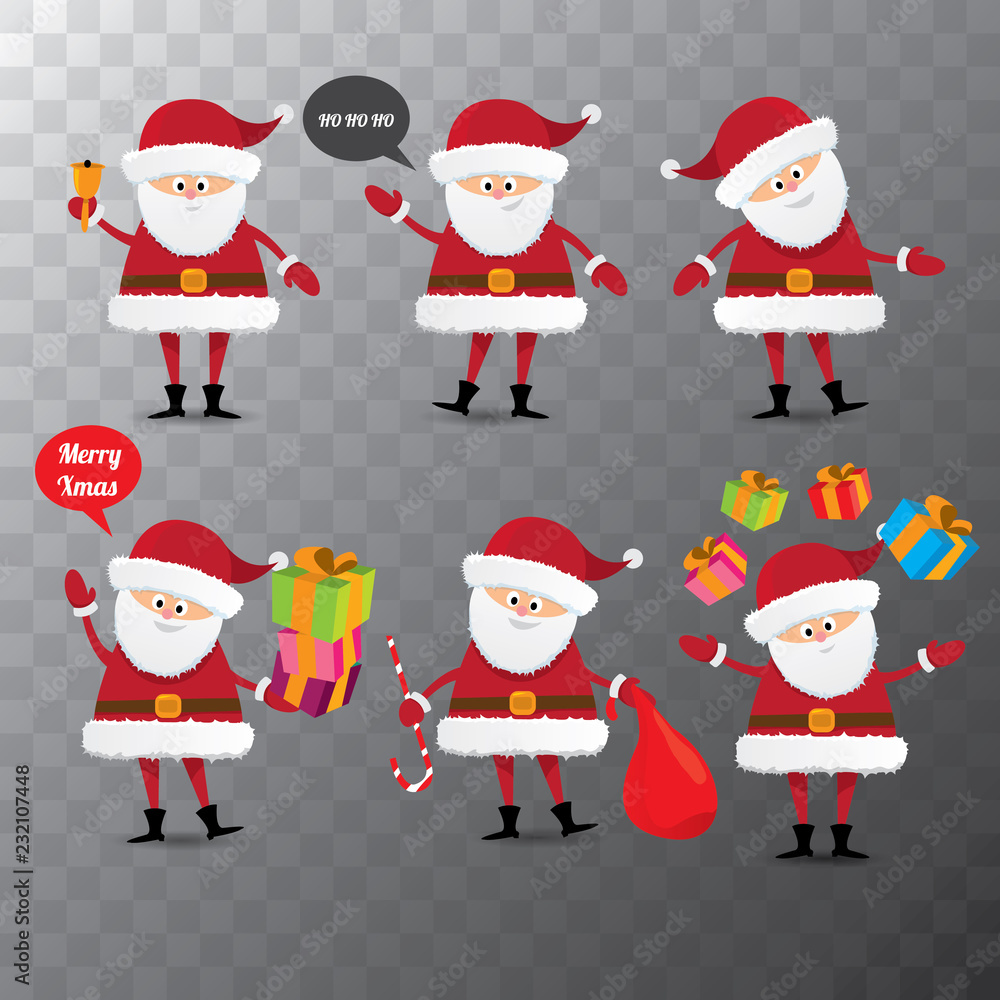 Set of christmas cartoon Santa Claus isolated on transparent background. vector illustration. Merry christmas background