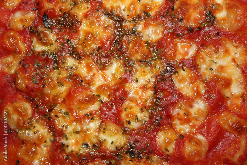 A close view of a home made cooked pizza with tomato, mozzarella and oregano, typical of Italian cuisine