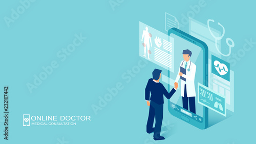 Vector of a patient meeting a doctor online using a smartphone technology