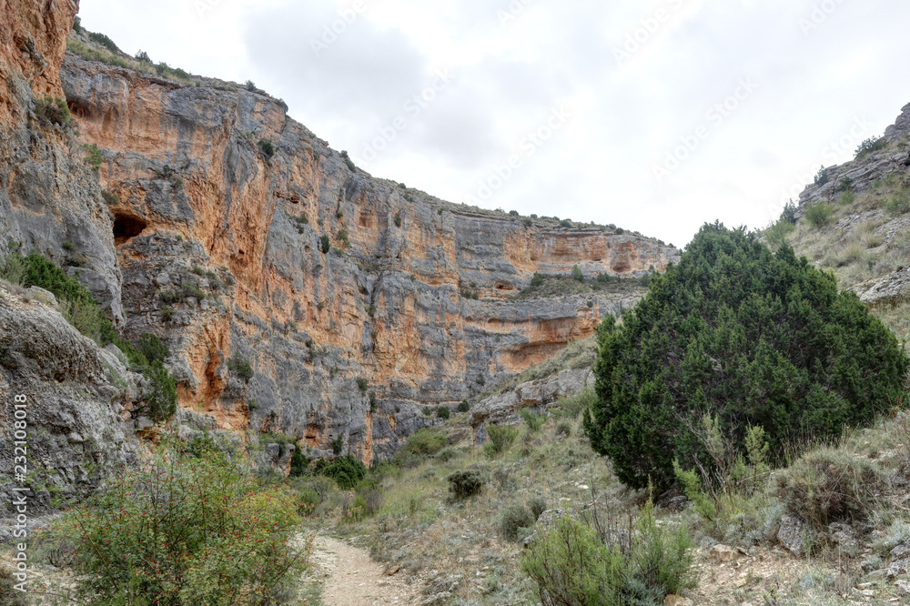The Barranco de la Hoz Seca (Dry Defile Gully) canyon, with scarps, bushes and red rocks, in a cloudy atumn, in the Jaraba rural town, Aragon, Spain