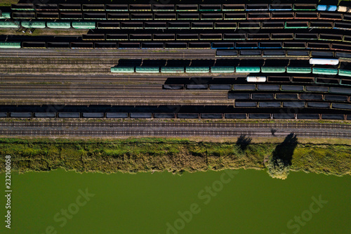 Aerial view of colorful freight wagons