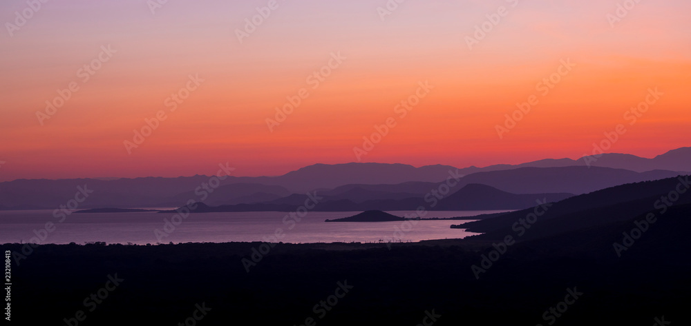 Panorama of sunrise over Abaya Lake and Nechisar national park in Ethiopia.