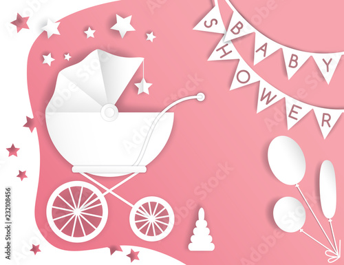 Vector paper cut illustration with baby's stroller. Baby shower 