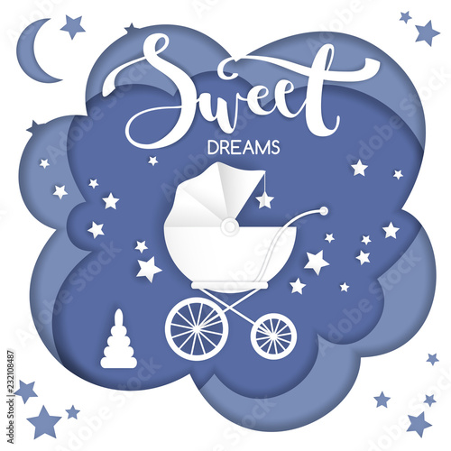 Vector paper cut illustration with baby's stroller. Night sweet 
