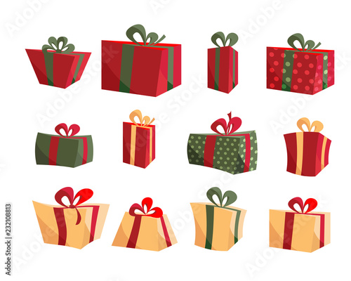 Colorful Gift Box Collections. Set of present boxes flat vector. Happy birthday. Merry Christmas. Gifts with bows and ribbons. Set of wrapped gift boxes isolated on white background. Sale and shopping