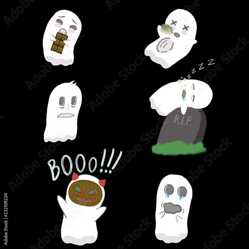 Set of cute ghost characters with different emotions on a black background.