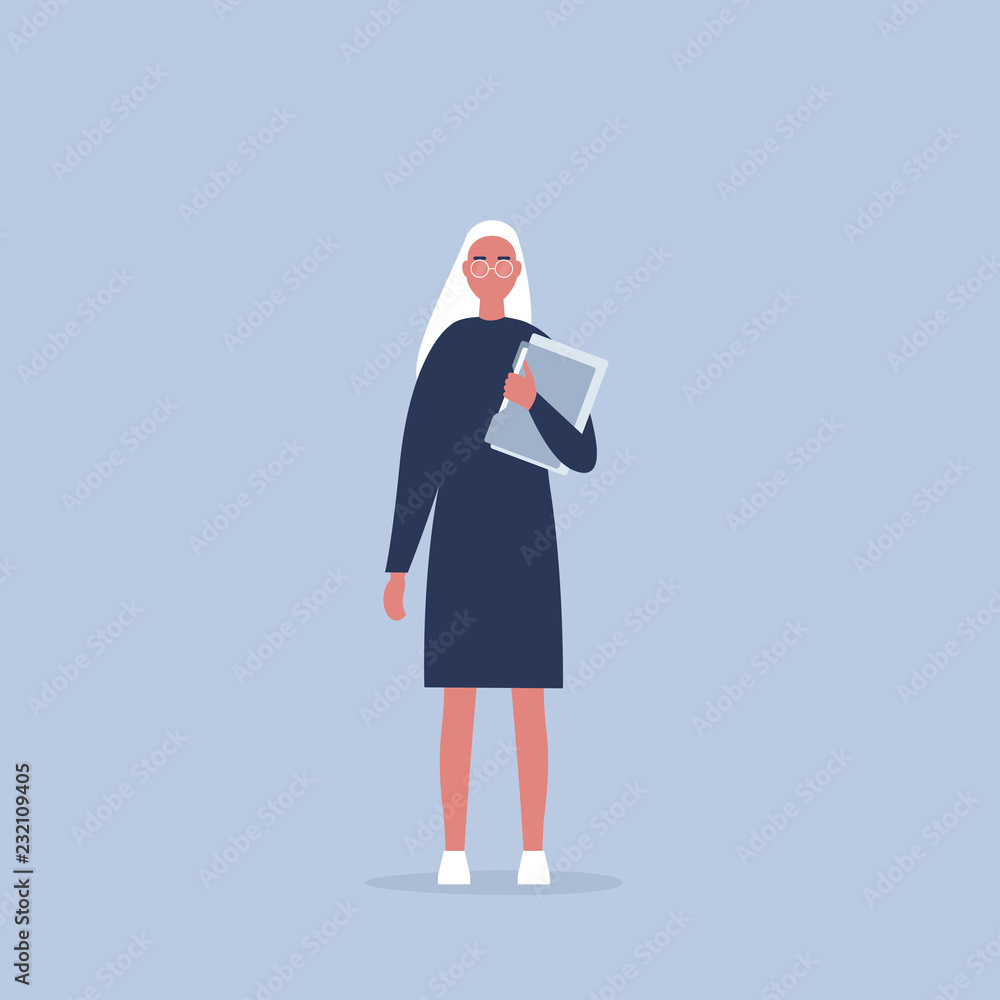 Young female manager holding a folder. Office life. Daily routine. Millennials at work. Flat editable vector illustration, clip art Young female manager holding a folder. Office life. Daily routine. Millennials at work. Flat editable vector illustration, clip art