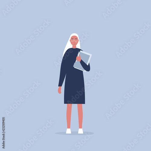 Young female manager holding a folder. Office life. Daily routine. Millennials at work. Flat editable vector illustration, clip art