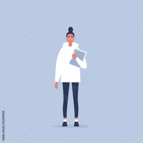 Young female manager holding a folder. Office life. Daily routine. Millennials at work. Flat editable vector illustration, clip art