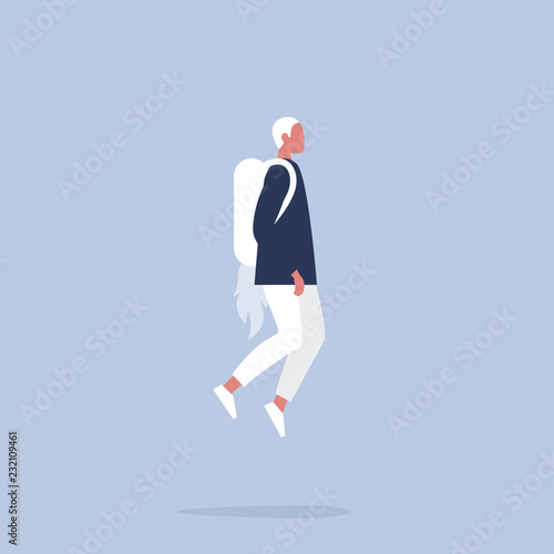 Innovation concept. Young character flying with a jetpack. Modern Technologies. Flat editable vector illustration, clip art