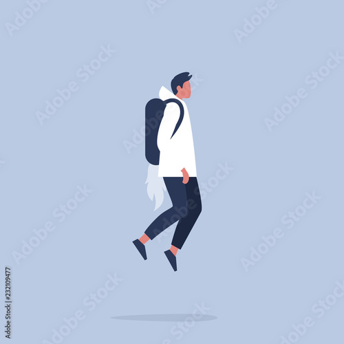 Innovation concept. Young character flying with a jetpack. Modern Technologies. Flat editable vector illustration, clip art