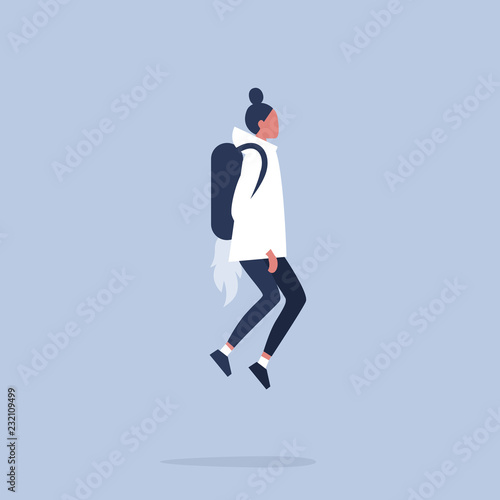 Innovation concept. Young female character flying with a jetpack. Modern Technologies. Flat editable vector illustration, clip art