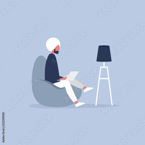 Office furniture. Young indian manager sitting on the bean bag chair. Daily life. Flat editable vector illustration, clip art