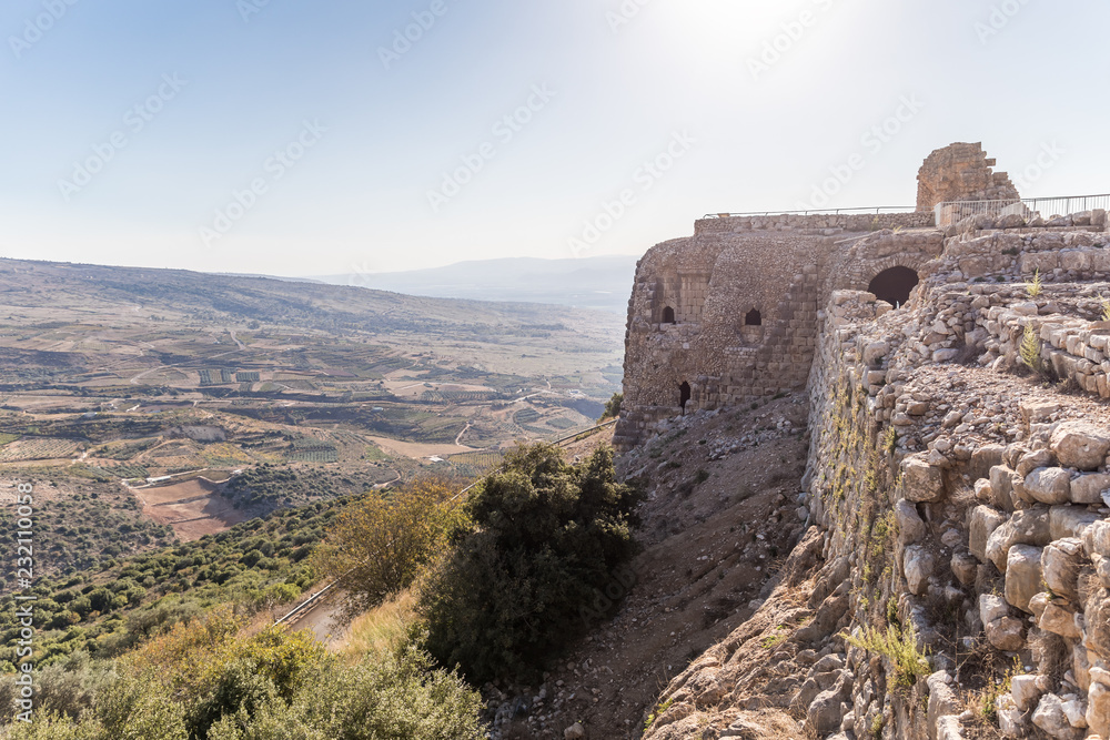 View  of the remains of the eastern fortress wall from the corner tower of Nimrod Fortress located in Upper Galilee in northern Israel on the border with Lebanon.