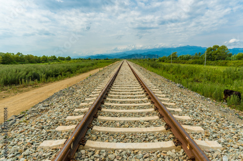 Railroad tracks leading to endless infinity. Meadow landscape and distant mountains. photo