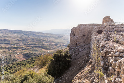 View of the remains of the eastern fortress wall from the corner tower of Nimrod Fortress located in Upper Galilee in northern Israel on the border with Lebanon.