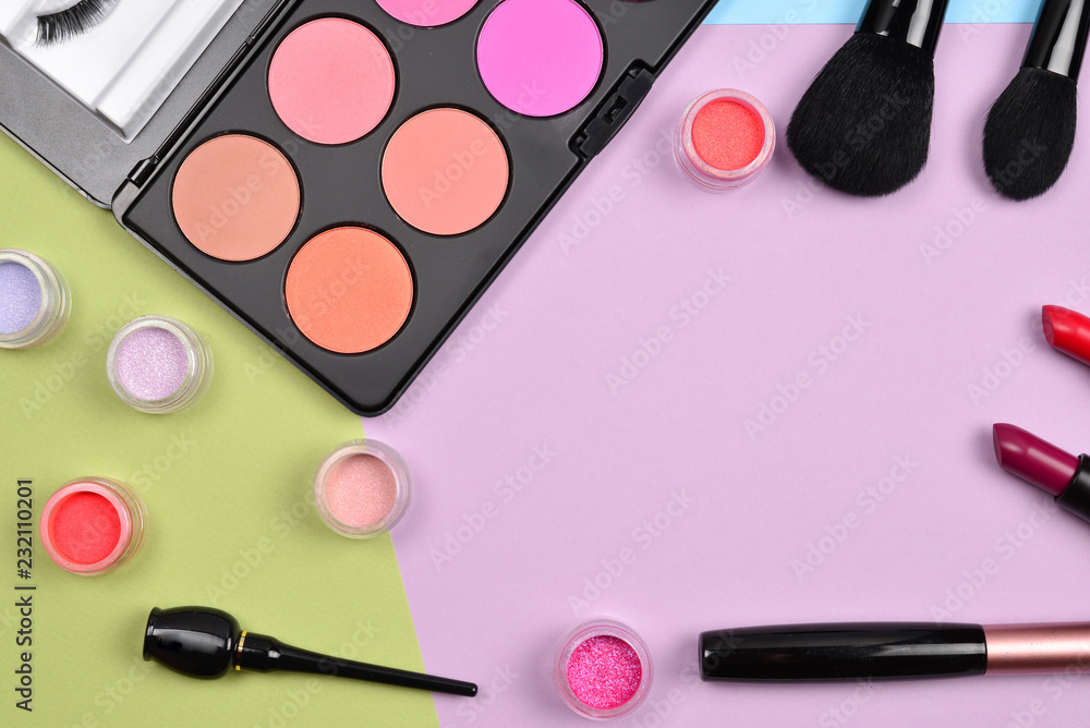 Professional makeup products with cosmetic beauty products, blushes, eye liner, eye lashes, brushes and tools. Professional makeup products with cosmetic beauty products, blushes, eye liner, eye lashes, brushes and tools.