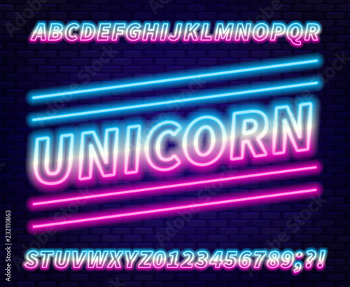 Blue pink gradient neon alphabet on a dark background . Bright font for decoration.Capital letter.