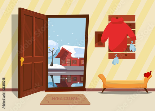 The interior of hallway in flat cartoon style with open door overlooking winter landscape with small snowy house and tree.Hanger with down jacket and mittens on wall. Soft bench stands under coat rack
