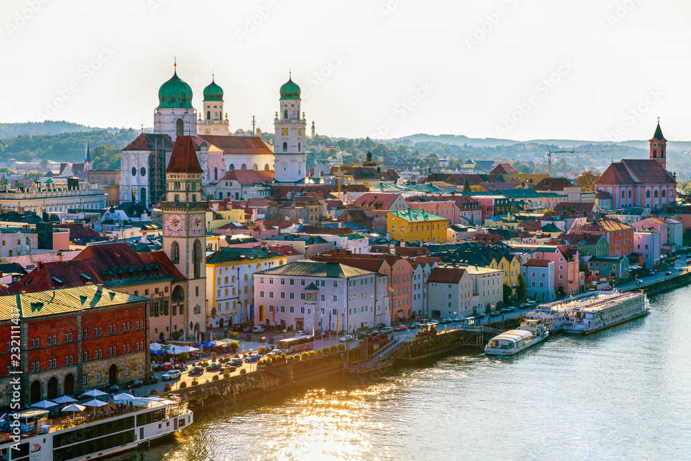 Landscape with the city of Passau, Germany, Bavaria. - obrazy, fototapety, plakaty 