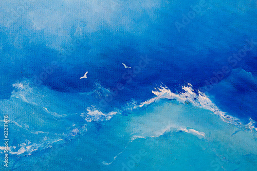 Sea painting. Waves and seagulls on canvas oil painting for the background of a major stroke.